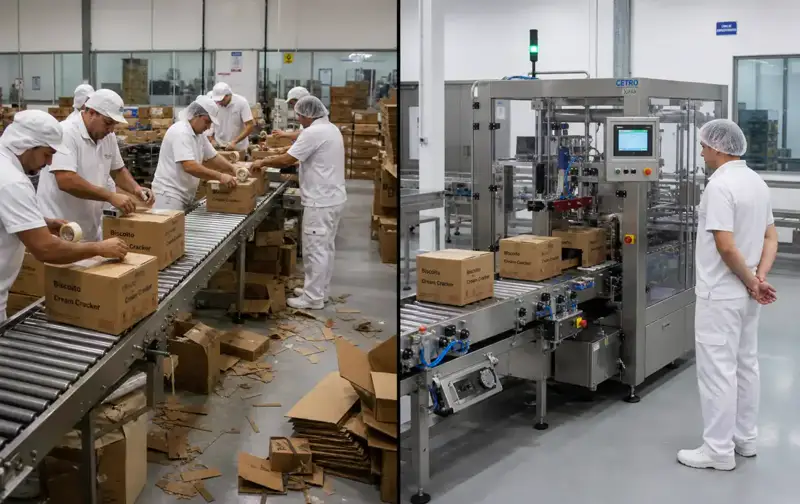 Sistema modular Ergopack encaixotando caixas de papelão em linha automatizada